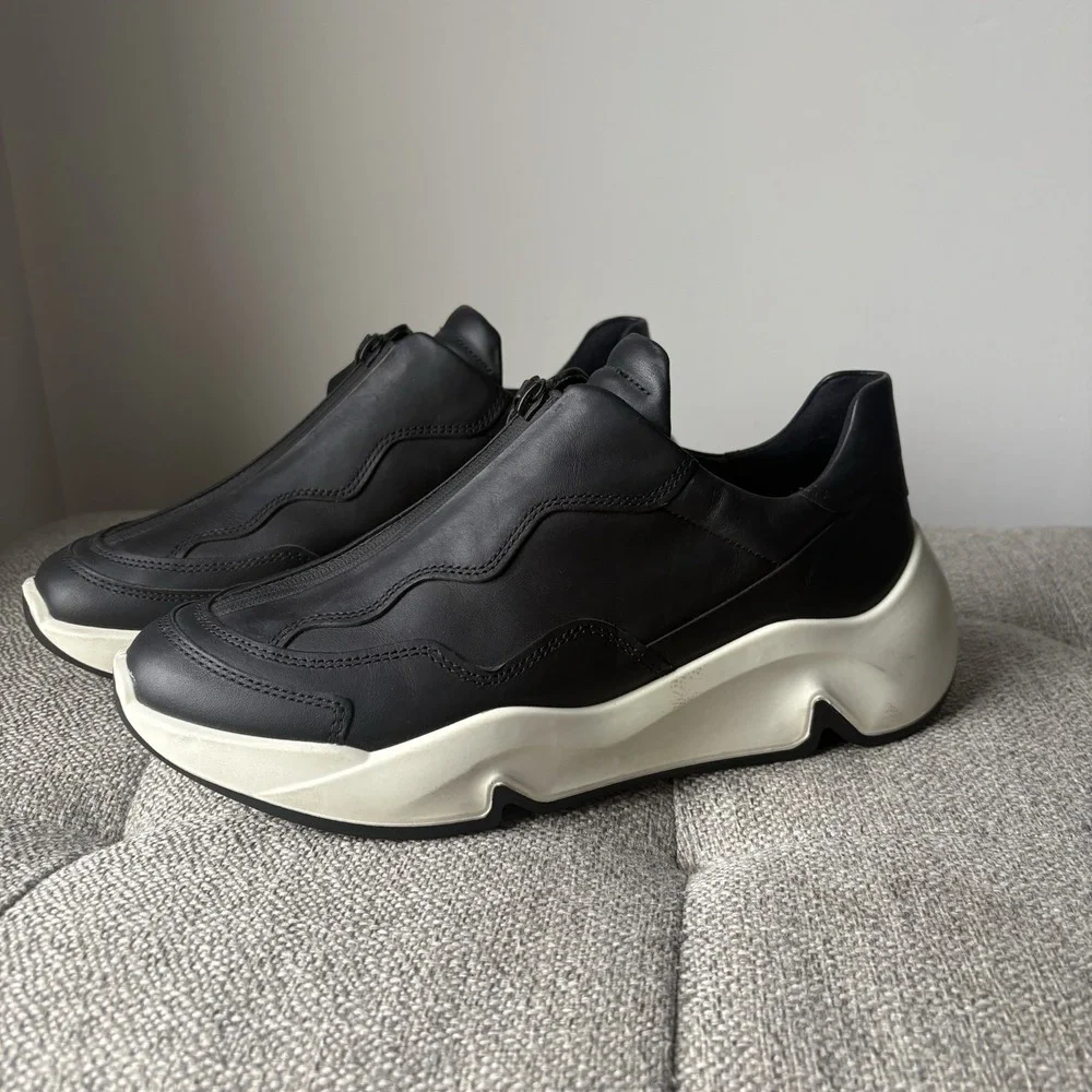ECCO Women's Shoes Chunky Zip Up Black Leather Walking Casual CitySz 9-9,5 EU 40